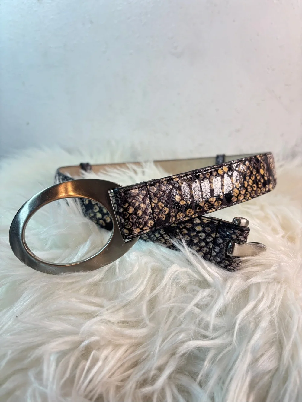 Snakeskin Belt with Silver O-Ring Buckle